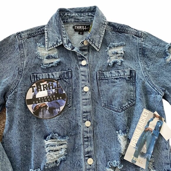 NEW THRILL Destroyed Long Denim Jacket Sz M - Picture 4 of 15
